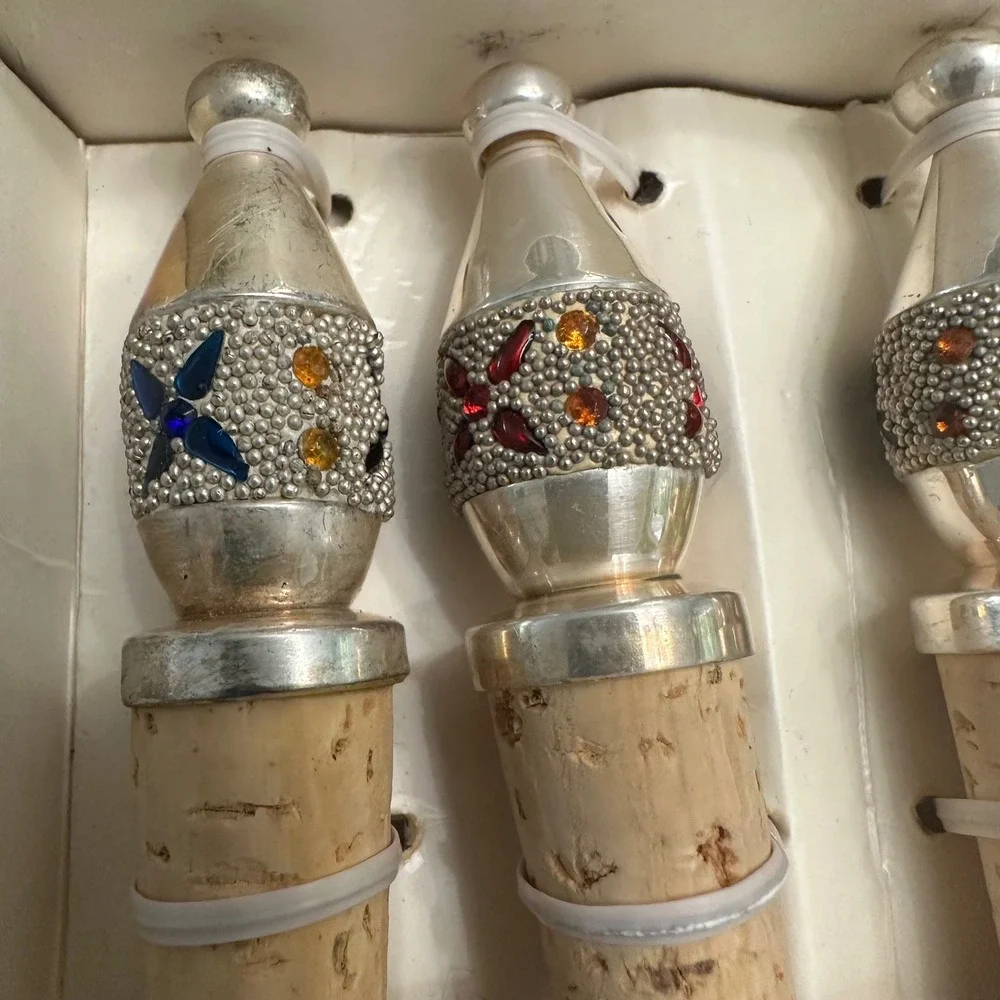 Pier 1 Exclusive Silver Plated Jeweled Bottle Wine Stoppers 4 pc New